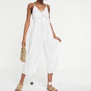 ASOS DESIGN v neck frill tie culotte jumpsuit in white🏖